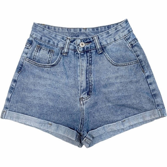 SHEIN Womens Small Shorts High Waisted Denim Rolled Hem Zip Fly Button Blue Jean - Picture 2 of 14